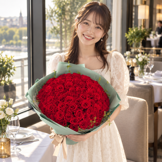 108本のバラ「結婚しよう」（プリザーブド/レッド /ペールブルーラッピング）